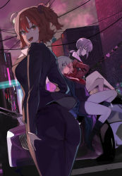Rule 34 | 3girls, ahoge, artoria pendragon (all), artoria pendragon (fate), ass, back, black dress, black footwear, black jacket, black suit, blonde hair, boots, breasts, building, car, cityscape, coat, dress, fate/grand order, fate (series), formal, fujimaru ritsuka (female), fujimaru ritsuka (female) (royal brand), fur-trimmed coat, fur trim, hair ornament, hair scrunchie, hareno chiame, high heel boots, high heels, highres, jacket, jeanne d&#039;arc (fate), jeanne d&#039;arc alter (fate), jeanne d&#039;arc alter (ver. shinjuku 1999) (fate), knee boots, large breasts, looking at viewer, looking back, low ponytail, medium breasts, motor vehicle, multiple girls, off shoulder, official alternate costume, one side up, open clothes, open coat, open mouth, orange eyes, orange hair, royal brand, saber alter, saber alter (ver. shinjuku 1999) (fate), scrunchie, short dress, short hair, silver hair, sitting, skyscraper, smile, suit, wicked dragon witch ver. shinjuku 1999, yellow eyes