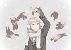 1girl animal black_cardigan black_eyes blonde_hair bright_pupils buttons cardigan crescent earmuffs gloves grey_sailor_collar highres holding holding_animal looking_up medium_hair original otter sailor_collar scarf smile solo star_(symbol) t00manypuppies upper_body white_gloves white_pupils white_scarf