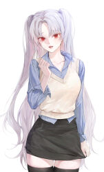Rule 34 | 1girl, absurdres, black skirt, black thighhighs, blue shirt, breasts, collared shirt, commentary, crying, crying with eyes open, grey hair, highres, long hair, long sleeves, looking at viewer, medium breasts, original, parted lips, red eyes, shirt, simple background, skirt, solo, sweater vest, symbol-only commentary, tanna, tears, thighhighs, two side up, very long hair, white background, white hair, yellow sweater vest, zettai ryouiki