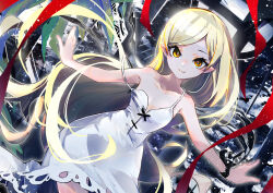 Rule 34 | 1girl, abstract background, bare shoulders, black ribbon, blonde hair, commentary request, cowboy shot, dress, flat chest, kiss-shot acerola-orion heart-under-blade, kizumonogatari, kusakanmuri, long hair, monogatari (series), official art, orange eyes, oshino shinobu, outstretched arms, pointy ears, ribbon, second-party source, smile, solo, spread arms, strap slip, very long hair, white dress, wrist ribbon
