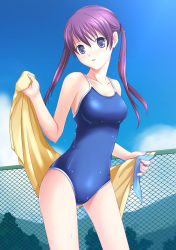 Rule 34 | 1girl, absurdres, bad id, bad pixiv id, bare arms, bare shoulders, blue eyes, blue sky, blush, breasts, chain-link fence, cloud, collarbone, cowboy shot, day, drying, fence, hair between eyes, head tilt, highres, holding, holding towel, iwahata takiyo, long hair, looking at viewer, one-piece swimsuit, original, outdoors, parted lips, purple hair, school swimsuit, shiny clothes, sky, solo, standing, swimsuit, towel, twintails, water drop, wet, yellow towel