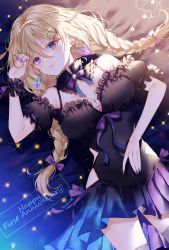 Rule 34 | 1girl, absurdres, anniversary, bare shoulders, black dress, blonde hair, bow, braid, breasts, busou kanojo, cleavage, commentary request, covered navel, detached sleeves, dress, earrings, frilled dress, frilled sleeves, frills, hair between eyes, hair bow, hair ornament, hairclip, hand up, highres, hoshina reki, jewelry, long hair, looking at viewer, lying, medium breasts, multicolored nails, myusha, nail polish, on back, parted lips, pink nails, puffy short sleeves, puffy sleeves, purple bow, purple eyes, purple nails, short sleeves, signature, sleeveless, sleeveless dress, solo, twin braids, twintails, very long hair, virtual youtuber, wrist cuffs