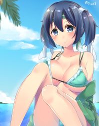 Rule 34 | 10s, 1girl, aqua bikini, bad id, bad pixiv id, bikini, blue eyes, blue hair, blush, breasts, cloud, collarbone, day, female focus, hair ribbon, hairband, japanese clothes, kantai collection, large breasts, matching hair/eyes, navy (navy.blue), off shoulder, palm tree, parted lips, ribbon, short hair, sky, solo, souryuu (kancolle), swimsuit, tree, twintails, twitter username