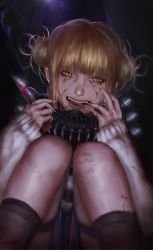 Rule 34 | 10s, 1girl, blonde hair, blunt bangs, boku no hero academia, cardigan, crazy smile, double bun, fangs, hair bun, highres, knife, messy hair, smile, socks, solo, squatting, toga himiko, viet le quoc, weapon, yellow eyes