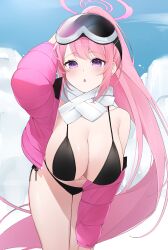 Rule 34 | 1girl, absurdres, bikini, black bikini, blue archive, blush, breasts, cleavage, eimi (blue archive), eimi (swimsuit) (blue archive), goggles, goggles on head, highres, jacket, large breasts, long hair, long sleeves, looking at viewer, official alternate costume, open clothes, open jacket, open mouth, pink eyes, pink hair, pink jacket, ponytail, solo, swimsuit, very long hair, yuuki02
