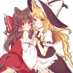 Rule 34 | 2girls, :&lt;, absurdres, animal ears, apron, bad id, bad pixiv id, bare shoulders, black headwear, black skirt, black vest, blonde hair, blush, bow, braid, brown eyes, brown hair, cat ears, cat tail, commentary request, detached sleeves, drop shadow, feet out of frame, frilled apron, frilled bow, frills, from behind, hair between eyes, hair bow, hair tubes, hakurei reimu, half updo, hat, hat bow, highres, holding hands, interlocked fingers, kemonomimi mode, kirisame marisa, kneeling, long hair, long sleeves, looking at viewer, looking back, multiple girls, parted lips, petticoat, puffy short sleeves, puffy sleeves, red bow, red skirt, sarashi, shinonome asu, shirt, short sleeves, sidelocks, simple background, single braid, skirt, skirt set, tail, touhou, very long hair, vest, waist apron, white apron, white background, white bow, white shirt, wide sleeves, witch hat, yellow eyes
