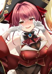 Rule 34 | 1girl, arrow through heart, ascot, black choker, black coat, black hat, blush, breasts, choker, cleavage, coat, cropped jacket, frilled choker, frills, gloves, hair ribbon, hat, heterochromia, highres, hololive, houshou marine, houshou marine (1st costume), jacket, large breasts, long hair, looking at viewer, mikazuki cocolo, pirate hat, red ascot, red coat, red eyes, red hair, red jacket, red ribbon, ribbon, sleeveless, sleeveless jacket, smile, solo, twintails, two-sided coat, two-sided fabric, virtual youtuber, white gloves, yellow eyes