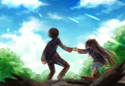 Rule 34 | 1boy, 1girl, blue sky, blurry, brown hair, chogi, cloud, day, depth of field, forest, holding hands, injury, lens flare, little busters!, long hair, naoe riki, natsume rin, nature, outdoors, plaid, plaid skirt, pleated skirt, school uniform, short hair, skirt, sky, wood