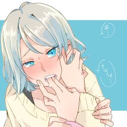 Rule 34 | 2girls, blue bow, blue eyes, blush, bow, collarbone, commentary request, ear blush, finger in another&#039;s mouth, grey hair, hand on another&#039;s cheek, hand on another&#039;s face, highres, holding another&#039;s wrist, kashikaze, long sleeves, looking at viewer, love live!, love live! sunshine!!, multiple girls, open mouth, outline, saliva, short hair, sidelocks, simple background, solo focus, speech bubble, sweatdrop, sweater, takami chika, teeth, translated, two-tone background, upper body, watanabe you, white background, white outline, white sweater, yuri