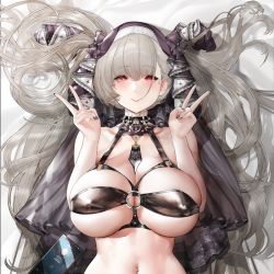 Rule 34 | azur lane, between breasts, breasts, cellphone, double v, formidable (azur lane), grey hair, hair in own mouth, long hair, navel piercing, phone, piercing, red eyes, smartphone, solo, v, very long hair, xiaoluo xl
