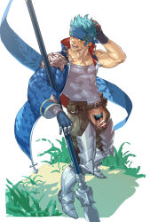 Rule 34 | 1boy, abs, armored boots, asymmetrical sleeves, bandana, bar censor, belt pouch, blue bandana, blue hair, blue jacket, boots, censored, chaps, character request, collared jacket, copyright request, covered abs, cuisses, flaccid, gloves, grey tank top, hand in own hair, headband, highres, holding, holding polearm, holding weapon, jacket, looking at penis, male focus, muscular, muscular male, on grass, open clothes, open jacket, pectorals, penis, polearm, pouch, short hair, sweatdrop, tank top, uruonurun, weapon, white background, yellow eyes