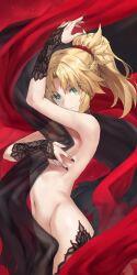Rule 34 | 1girl, bare shoulders, blonde hair, braid, breasts, bridal gauntlets, covering privates, covering breasts, detached sleeves, fate/apocrypha, fate (series), french braid, green eyes, highres, long hair, looking at viewer, mordred (fate), mordred (fate/apocrypha), navel, parted bangs, ponytail, sidelocks, small breasts, smile, solo, tonee