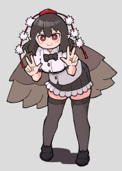 Rule 34 | bird wings, black footwear, black skirt, black thighhighs, black wings, bright pupils, closed mouth, double w, full body, grey background, hat, leaning forward, looking at viewer, pointy ears, pom pom (clothes), red eyes, red hat, shameimaru aya, shirt, simple background, skirt, smile, thighhighs, tokin hat, touhou, v-shaped eyebrows, w, white pupils, white shirt, wings, yugi 0928