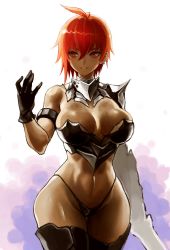 Rule 34 | 1girl, armlet, armor, bikini armor, black gloves, boots, breasts, cowboy shot, earrings, gauntlets, gloves, highleg, highres, hiro1984, jewelry, large breasts, looking at viewer, navel, original, red hair, short hair, smile, solo, standing, tan, thigh boots, thighhighs, wide hips