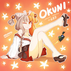 Rule 34 | 1girl, english text, fate/grand order, fate (series), feet, geta, izumo no okuni (fate), japanese clothes, leg up, multicolored hair, one eye closed, sandals, sitting, srgrafo, thighs, toes, wink, yellow eyes