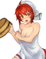 Rule 34 | 1girl, ahoge, bare shoulders, blush, breasts, brown eyes, bucket, cleavage, fire emblem, fire emblem fates, fire emblem heroes, hinoka (fire emblem), jurge, looking at viewer, medium breasts, naked towel, nintendo, open mouth, red hair, short hair, simple background, solo, towel, towel on head, white background, wooden bucket