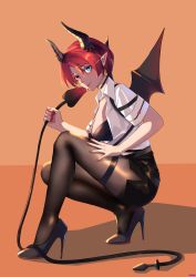 Rule 34 | 1girl, absurdres, aqua eyes, black bra, black choker, black pantyhose, black skirt, bra, breasts, choker, closed mouth, commentary, demon girl, demon tail, demon wings, earrings, fake tail, forehead, full body, goblin003, heart, heterochromia, high heels, highres, holding, holding tail, horn ornament, horns, jewelry, large breasts, lipstick, looking at viewer, makeup, nail polish, office lady, open clothes, open shirt, original, pantyhose, pointy ears, pumps, red eyes, red hair, red nails, shaded face, shadow, shiny clothes, shirt, shoes, short hair, short sleeves, signature, skirt, smile, solo, squatting, stiletto heels, symbol-only commentary, tail, thigh strap, thighs, underwear, virtual youtuber, white shirt, wings