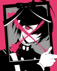 Rule 34 | 1boy, ahoge, alternate eye color, black hair, blood, buttons, commentary request, cross, danganronpa (series), danganronpa v3: killing harmony, double-breasted, grey background, hair between eyes, hand up, iei, jacket, long sleeves, looking at viewer, pink background, pink blood, saihara shuichi, sasakama (sasagaki01), short hair, simple background, solo, spot color, upper body