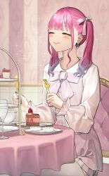 Rule 34 | absurdres, black nails, blunt bangs, blush, bow, bowtie, cake, cake slice, chair, closed eyes, closed mouth, collared shirt, commentary, cup, earrings, eating, flat chest, food, fork, frills, glass, gradient hair, hair bow, highres, hinamizawa hinami (tetto), holding, holding knife, indoors, jewelry, jirai kei, knife, light particles, long sleeves, medium hair, miniskirt, multicolored hair, original, pantyhose, pink bow, pink bowtie, pink hair, pink skirt, plate, purple hair, shirt, short twintails, signature, skirt, sparkle, table, tetto (onnoveltet), tiered tray, twintails, white pantyhose, white shirt