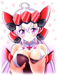 Rule 34 | 10s, 1girl, ahoge, bare shoulders, grabbing another&#039;s breast, breasts, cleavage, covered erect nipples, eva 16-gouki, grabbing, headgear, heart, highres, long hair, looking at viewer, pov, pov hands, purple eyes, purple hair, senki zesshou symphogear, solo focus, twintails, yukine chris