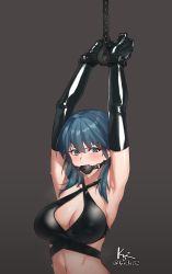 Rule 34 | 1girl, absurdres, armpits, arms up, bdsm, blue eyes, blue hair, bondage, bound, breasts, byleth (female) (fire emblem), byleth (fire emblem), chain, cleavage, criss-cross halter, cuffs, elbow gloves, fire emblem, fire emblem: three houses, gag, gagged, gloves, grey background, halterneck, highres, hook, k52, large breasts, nintendo, saliva, second-party source, signature, solo, sweat, wiffle gag
