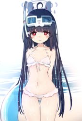 Rule 34 | 1girl, ahoge, arms behind back, bare shoulders, bikini, black hair, blue archive, closed mouth, collarbone, commentary request, front-tie bikini top, front-tie top, gluteal fold, goggles, goggles on head, halo, headgear, highres, innertube, le xue, long hair, looking at viewer, miyu (blue archive), navel, red eyes, snorkel, solo, swim ring, swimsuit, thigh gap, transparent, very long hair, water, wet, wet hair, white background, white bikini