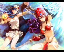 Rule 34 | 2girls, abs, armor, armpits, bikini armor, blue hair, breasts, chimochimo, chunsoft, cleavage, dragon quest, dragon quest iii, enix, gloves, green eyes, helmet, large breasts, medium breasts, multiple girls, navel, purple hair, red armor, red eyes, sage (dq3), shirt, soldier (dq3), sword, taut clothes, taut shirt, torn clothes, weapon, wince, winged helmet