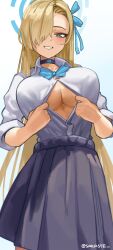 Rule 34 | 1girl, absurdres, asuna (blue archive), blonde hair, blue archive, blue bow, blue bowtie, blue eyes, bow, bowtie, breasts, choker, collarbone, commentary, halo, highres, large breasts, long hair, looking at viewer, pleated skirt, sakaste, skirt, smile, solo, swept bangs, underboob, very long hair