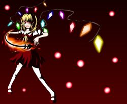 Rule 34 | 1girl, blonde hair, blouse, collared shirt, embodiment of scarlet devil, fang, female focus, flandre scarlet, full body, gmot, gradient background, highres, red background, red eyes, shirt, side ponytail, solo, spread legs, thighhighs, touhou, white shirt, white thighhighs, wide spread legs, wings