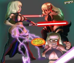 Rule 34 | 1girl, breasts, cleavage cutout, clothing cutout, crossdressing, crossover, electricity, evil, evil grin, evil smile, female focus, grin, heart, heart-shaped pupils, highres, jackie lynn thomas, large breasts, light saber, looking at viewer, multicolored hair, sideboob, smile, solo, star vs the forces of evil, star wars, symbol-shaped pupils, tan