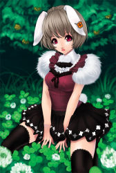 Rule 34 | 1girl, animal ears, between legs, black skirt, black thighhighs, brown hair, clover, clover (flower), eyelashes, flower, four-leaf clover, fur trim, hand between legs, kunishige keiichi, lips, lipstick, looking at viewer, makeup, meadow, original, outdoors, pom pom (clothes), rabbit ears, rabbit tail, red eyes, short hair, sitting, skirt, solo, tail, thighhighs, wariza