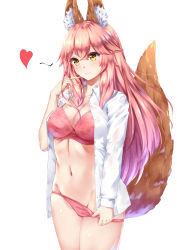 Rule 34 | 10s, 1girl, animal ear fluff, animal ears, blush, bra, breasts, brown eyes, chahei, cleavage, closed mouth, collarbone, collared shirt, commentary request, cowboy shot, dress shirt, fate/extra, fate (series), fingernails, fox ears, fox girl, fox tail, groin, hair between eyes, hand up, heart, highres, large breasts, long hair, long sleeves, navel, open clothes, open shirt, panties, panty pull, pink bra, pink hair, pink panties, pulled by self, shirt, sidelocks, simple background, smile, solo, tail, tail raised, tamamo (fate), tamamo no mae (fate/extra), underwear, very long hair, white background, white shirt