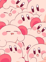 Rule 34 | :t, black eyes, blush stickers, clone, closed eyes, closed mouth, commentary request, dot mouth, drooling, harukui, kirby, kirby (series), mouth drool, nintendo, one eye closed, open mouth, pink background, pink theme, simple background, smile, solid oval eyes, too many, v-shaped eyebrows