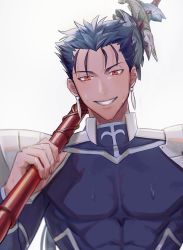 Rule 34 | 1boy, abs, armor, bad id, bad twitter id, blue bodysuit, blue hair, bodysuit, booduli, cu chulainn (fate), earrings, fate/stay night, fate (series), fish, gae bolg (fate), holding, holding lance, holding polearm, holding weapon, jewelry, lance, cu chulainn (fate/stay night), long sleeves, looking at viewer, polearm, red eyes, shoulder armor, simple background, smile, pauldrons, sweat, sweatdrop, upper body, weapon