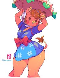 Rule 34 | 1girl, aged up, animal crossing, animal ears, apron, arms up, artist name, basket, blue kimono, blunt bangs, blush, blush stickers, bow, breasts, brown eyes, brown hair, cropped legs, daisy mae (animal crossing), earrings, female focus, furry, furry female, head scarf, highres, holding, japanese clothes, jewelry, kimono, leaf, looking to the side, nintendo, no mouth, object on head, pig ears, pig tail, rope, sash, shiny skin, short hair, short kimono, short sleeves, signature, simple background, single earring, small breasts, snot, snout, solo, standing, starmilk, tail, thick thighs, thighs, transparent background, turnip, twitter username, watermark, wide hips, yen sign