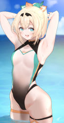 Rule 34 | 1girl, aqua eyes, armpits, arms up, blonde hair, blush, breasts, c@rbon, cleavage, competition swimsuit, covered navel, cowboy shot, crossed bangs, hair ornament, highres, hololive, kazama iroha, looking at viewer, multicolored clothes, multicolored swimsuit, ocean, one-piece swimsuit, open mouth, outdoors, small breasts, smile, solo, standing, swimsuit, thigh strap, thighs, virtual youtuber, water