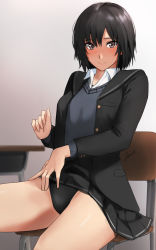 Rule 34 | 1girl, amagami, black hair, black jacket, black one-piece swimsuit, black sailor collar, black skirt, blue sweater, bob cut, brown eyes, chair, clothes lift, collared shirt, competition swimsuit, cowboy shot, desk, highres, jacket, kibito high school uniform, lifting own clothes, looking at viewer, nanasaki ai, one-piece swimsuit, open clothes, open jacket, pleated skirt, sailor collar, school desk, school uniform, shirt, short hair, sitting, skirt, skirt lift, solo, sweater, swimsuit, swimsuit under clothes, white shirt, yoo tenchi
