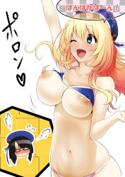 Rule 34 | 10s, 2girls, areola slip, atago (kancolle), bare shoulders, bikini, black hair, blonde hair, blue eyes, blush, bouncing breasts, breast slip, breasts, commentary request, covered erect nipples, curvy, female focus, hat, head steam, highres, kantai collection, large breasts, long hair, mattari yufi, multiple girls, navel, nipple slip, nipples, one eye closed, open mouth, pan-pa-ka-paaan!, puffy nipples, short hair, smile, swimsuit, takao (kancolle), translation request, wardrobe malfunction