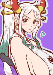 Rule 34 | 1girl, aosora2823, blush, breasts, brown eyes, earrings, female focus, green hair, hair ornament, hair stick, highres, horns, huge breasts, jewelry, long hair, looking at viewer, multicolored hair, one piece, ponytail, sideboob, simple background, solo, sweatdrop, two-tone hair, upper body, white hair, yamato (one piece)
