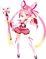 Rule 34 | 1girl, alternate costume, asymmetrical bangs, blonde hair, bright pupils, detached sleeves, disgaea, flower, full body, gradient hair, hair rings, hat, holding, holding wand, long hair, makai senki disgaea 6, multicolored hair, obi, official art, one eye closed, open mouth, pink skirt, pink theme, pink thighhighs, pleated skirt, red eyes, ribbon-trimmed sleeves, ribbon trim, sandals, sash, sicily (disgaea), simple background, skirt, solo, thighhighs, twintails, two-tone hair, very long hair, wand, white background