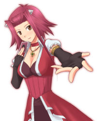 Rule 34 | 1girl, blush, breasts, brown eyes, card, choker, cleavage, collar, elbow gloves, fingerless gloves, gloves, izayoi aki, jewelry, large breasts, oz (3103oz), pendant, playing card, red hair, short hair, smile, solo, yu-gi-oh!, yu-gi-oh! 5d&#039;s