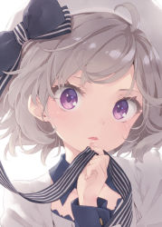 Rule 34 | 1girl, ahoge, beret, black bow, bow, commentary request, dress, eyebrows hidden by hair, grey hair, hair bow, hand up, hat, iwanaga kotoko, kani biimu, kyokou suiri, long sleeves, looking at viewer, parted lips, puffy sleeves, purple eyes, ribbon, simple background, solo, striped ribbon, white background, white dress, white hat