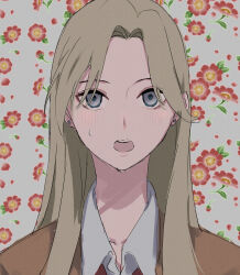 Rule 34 | 1girl, absurdres, blush, brown hair, brown jacket, collared shirt, commentary request, dress shirt, earrings, floral background, flower, grey background, grey eyes, highres, jacket, jewelry, long hair, looking at viewer, murashige yuzuki, open mouth, parted bangs, red flower, shirt, simple background, skip to loafer, solo, stud earrings, sweat, tsurara eeri, white shirt