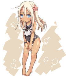 Rule 34 | 10s, 1girl, blonde hair, blue eyes, colored eyelashes, crop top, flower, hair flower, hair ornament, kajio (maburo), kantai collection, long hair, ro-500 (kancolle), sailor collar, school swimsuit, standing, swimsuit, swimsuit under clothes, tan, tanline