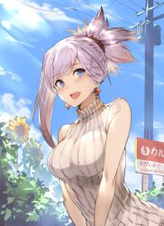Rule 34 | 1girl, arito arayuru, asymmetrical hair, bare shoulders, blue eyes, blush, breasts, earrings, fate/grand order, fate (series), hair ornament, highres, jewelry, large breasts, leaning forward, light purple hair, looking at viewer, miyamoto musashi (fate), open mouth, ponytail, sleeve, sleeveless, smile, solo, upper body