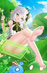 Rule 34 | 1girl, absurdres, against glass, ass on glass, barefoot, bottomless, censored, cleft of venus, dorsiflexion, feet, genshin impact, green eyes, highres, light blush, long hair, looking at viewer, nahida (genshin impact), open mouth, pointy ears, pussy, side ponytail, soles, swing, toes, white hair