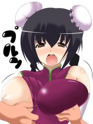 Rule 34 | 00s, 1girl, artist request, black hair, grabbing another&#039;s breast, breasts, brown eyes, bun cover, china dress, chinese clothes, double bun, dress, elbow gloves, gloves, grabbing, gundam, gundam 00, huge breasts, long hair, nipples, solo focus, twintails, undressing, wang liu mei