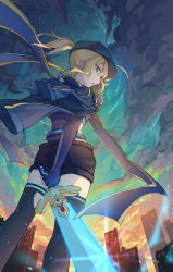 Rule 34 | 1girl, absurdres, ahoge, artoria pendragon (fate), black shorts, black thighhighs, blonde hair, blue jacket, commentary, fate/grand order, fate (series), from below, green eyes, hair between eyes, highres, holding, holding sword, holding weapon, jacket, kotatsu kaya, long hair, looking at viewer, mysterious heroine x (fate), ribbon, shorts, solo, sword, thighhighs, weapon