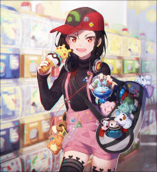Rule 34 | 1girl, :d, alolan form, alolan vulpix, bag, black hair, black pantyhose, black sweater, blurry, blurry background, braid, bulbasaur, cellphone, character doll, charizard, clefairy, cosmog, cowboy shot, creatures (company), depth of field, diglett, ditto, duffel bag, eevee, fang, flat cap, game freak, gen 1 pokemon, gen 5 pokemon, gen 7 pokemon, hair between eyes, hakusai (tiahszld), hand up, hat, headphones, headphones around neck, heart, holding, holding poke ball, index finger raised, indoors, legendary pokemon, long sleeves, looking at viewer, mew (pokemon), mythical pokemon, nail polish, nintendo, open mouth, original, oshawott, outstretched arm, pantyhose, phone, pikachu, pink shorts, poke ball, pokedex, pokemon, pokemon (creature), pyukumuku, red eyes, red hat, red nails, revision, rowlet, short hair, shorts, shoulder bag, side braid, single braid, sleeves past wrists, smile, solo, star (symbol), suspender shorts, suspenders, sweater, transparent, triforce, tsurime, turtleneck, turtleneck sweater, v-shaped eyebrows, water, waterfall