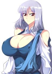 Rule 34 | 1girl, absurdres, breasts, brown eyes, cleavage, covered erect nipples, gundam, gundam zz, haganef, highres, huge breasts, long hair, looking to the side, purple hair, roux louka, smile, solo, white background